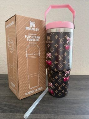 Stanley Pink Handle Flip Straw Tumbler with Cherry Pattern-Fashion Tumbler